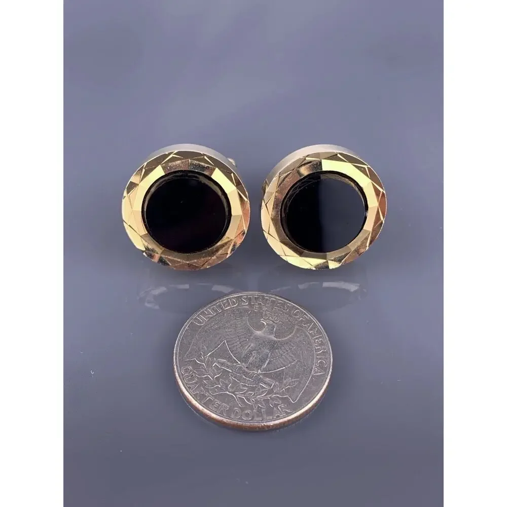Round Black Obsidian Gold Tone Cufflinks Diamond Cut Edge Hickok Vintage